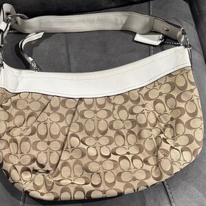 Coach Signature Canvas Hobo Shoulder Bag in Khaki and White